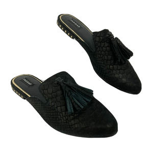 Jaggar Slides Women Sz 7.5 Black Leather Snake Slip On Mules Tassel Studded Flat